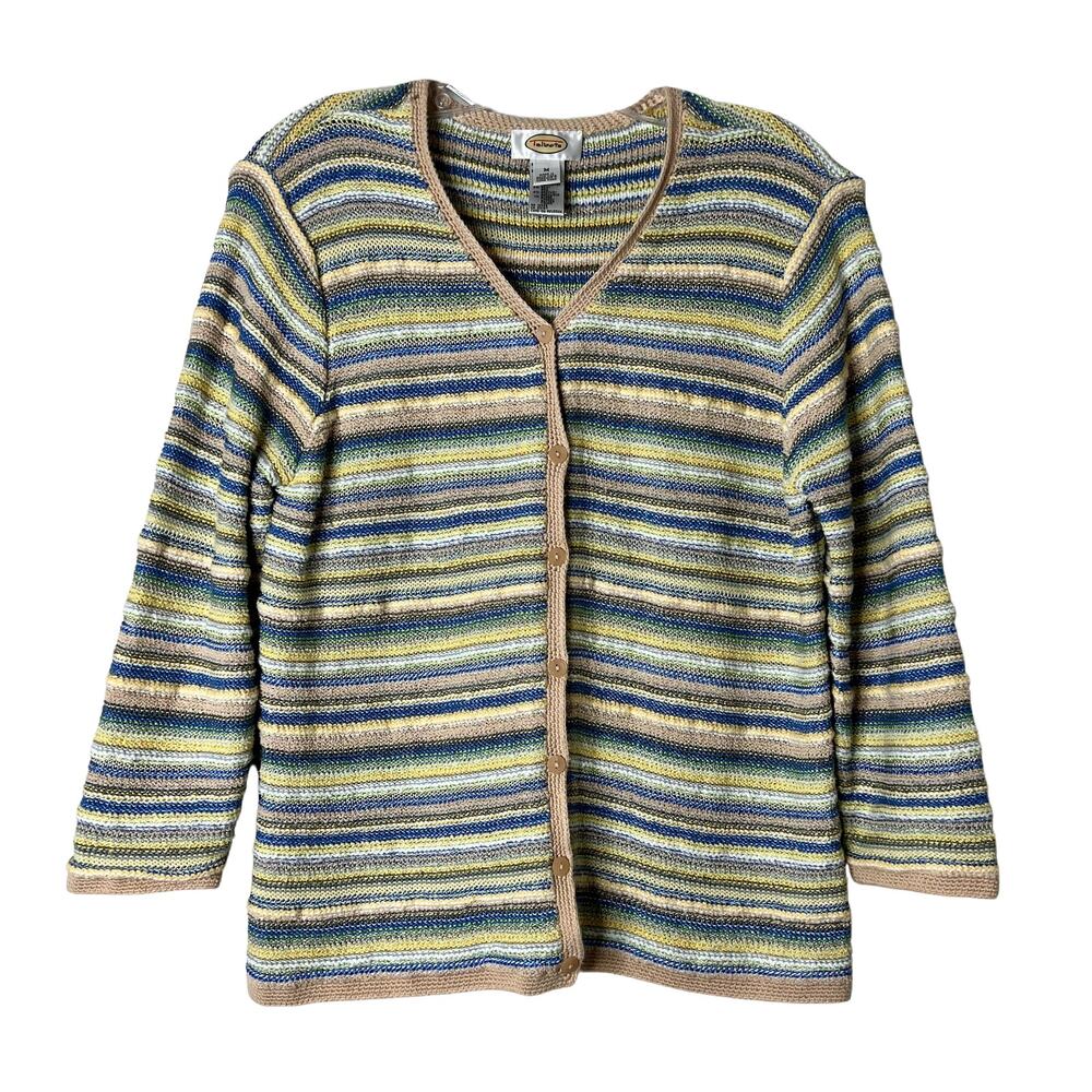 Talbots 3/4 Sleeve Striped Button Front Cardigan Yellow Tan Blue Womens Medium